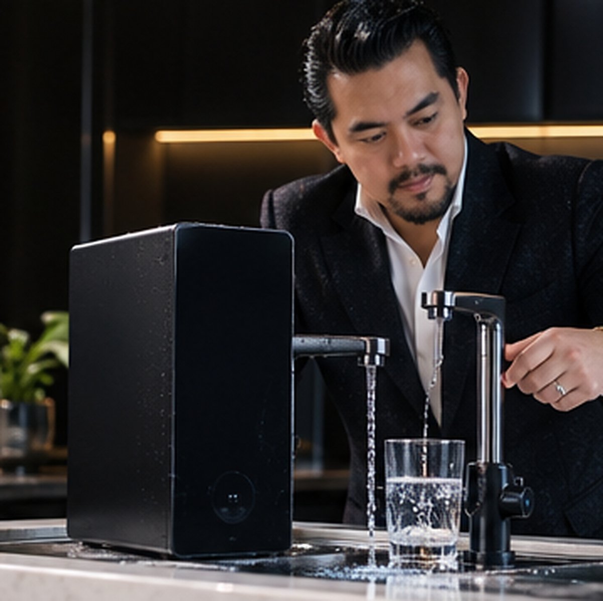 Boss RDR drinking a glass of VIOMI water beside the Mineral purifier