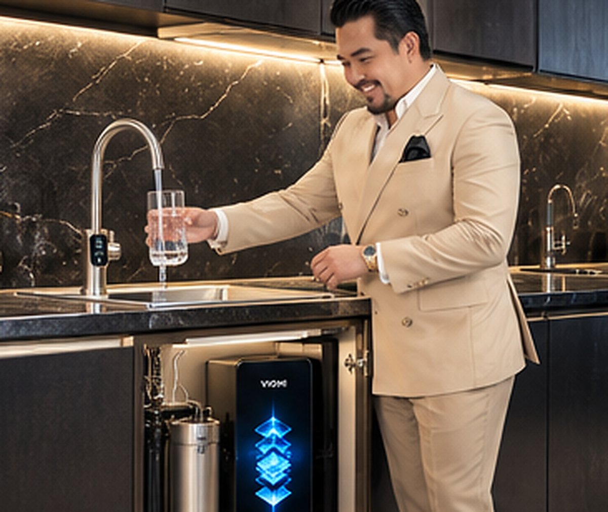 Boss RDR filling a glass from the VIOMI smart faucet in his kitchen, the purifier under the counter